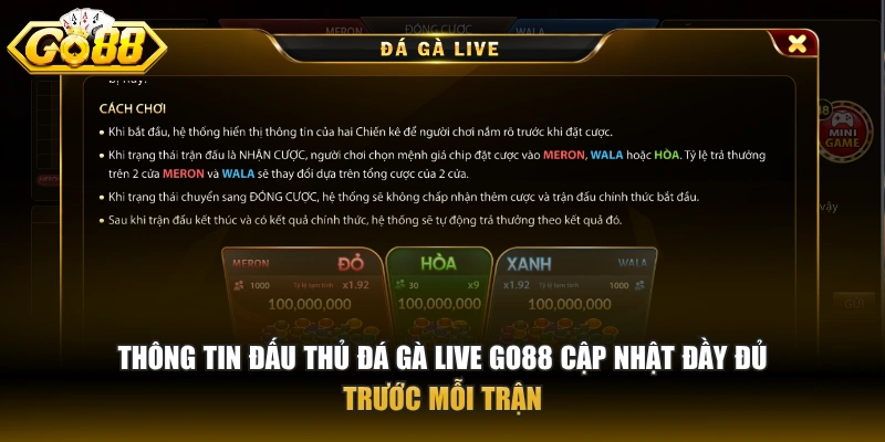Đá gà live GO88 – Trải nghiệm cá cược trực tiếp độc đáo nhất Thông tin đấu thủ đá gà live GO88 cập nhật đầy đủ trước mỗi trận