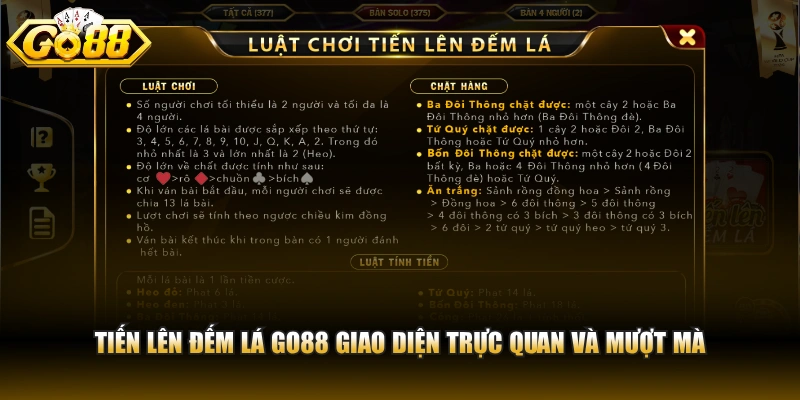Tiến lên đếm lá GO88 giao diện trực quan và mượt mà